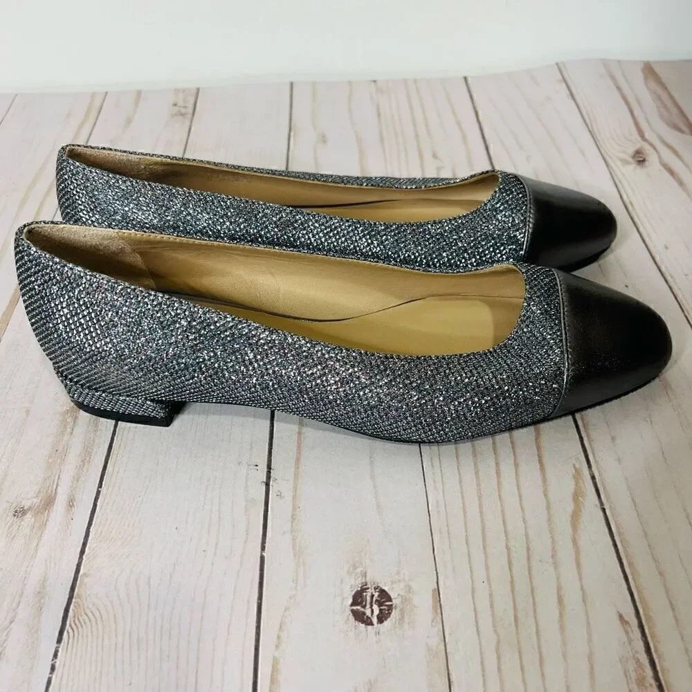 Stuart Weitzman Sleek Flat Gunmetal Silver Pewter Sparkle Glitter Flats NEW! Sz